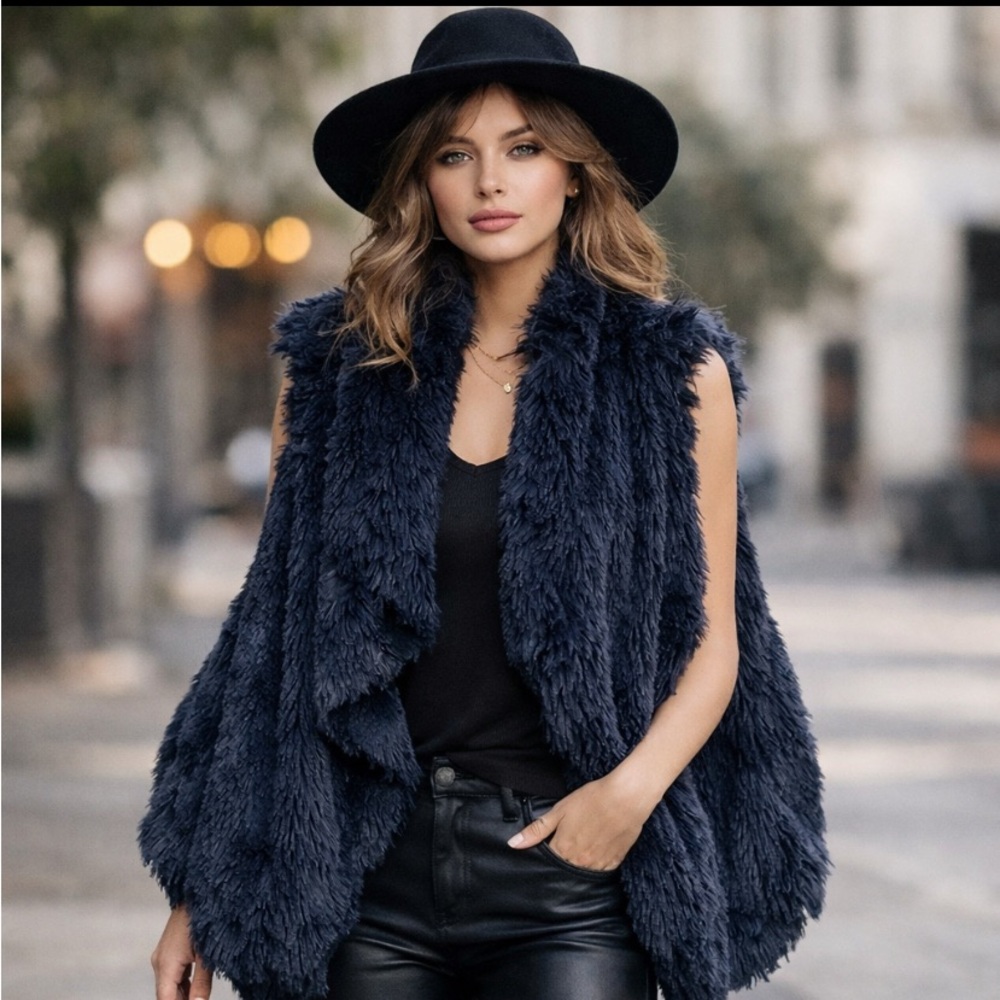 Faux Fur Shaggy Black long Vest  Statement Piece